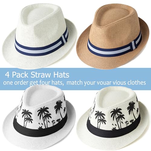 4 Pack Short Brim Straw Fedora Summer Beach Sun Hat Men - color: 4 Pcs Set D