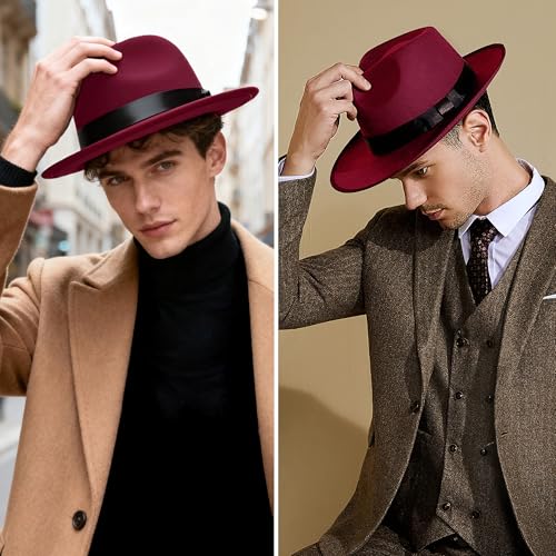 BABEYOND 1920s Fedora Hat for Men Gatsby Wide Brim Hat Felt Panama Cap - color: Wine Red