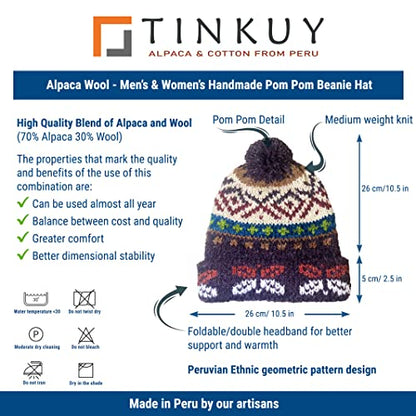 TINKUY Peru Alpaca Wool Winter Beanie, Handmade Bobble Hat, Unisex, One Size - color: Purple