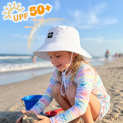 Kids Sun Hat Smile Face Bucket Hat Toddler Hat Wide Brim Adjustable Strap - color: White, size: 6-36 Months