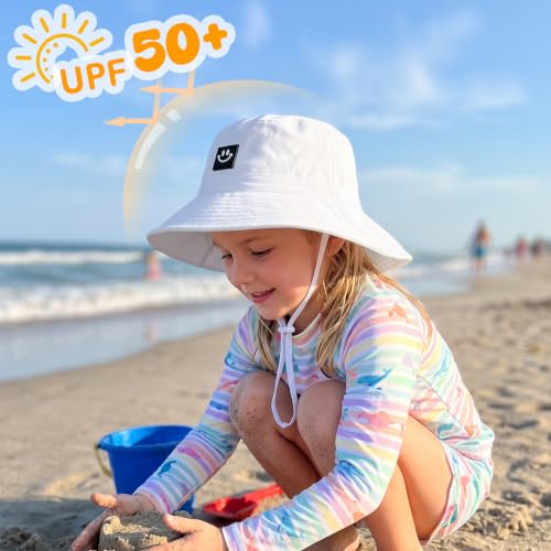 Kids Sun Hat Smile Face Bucket Hat Toddler Hat Wide Brim Adjustable Strap - color: White, size: 6-36 Months