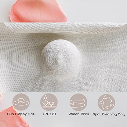 Oversized Beach Hat Women, Extra Wide Brim Foldable Straw Floppy Sun Hat - color: White