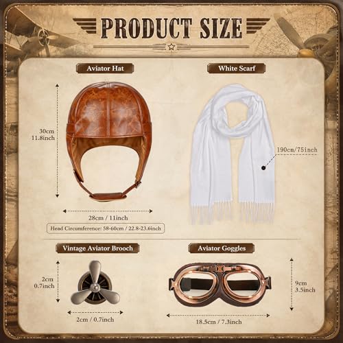 Horolam Aviator Costume Accessories, Vintage Aviator Hat with Goggles Scarf Leather Pilot Cap for Adult Halloween Party - color: Caramel