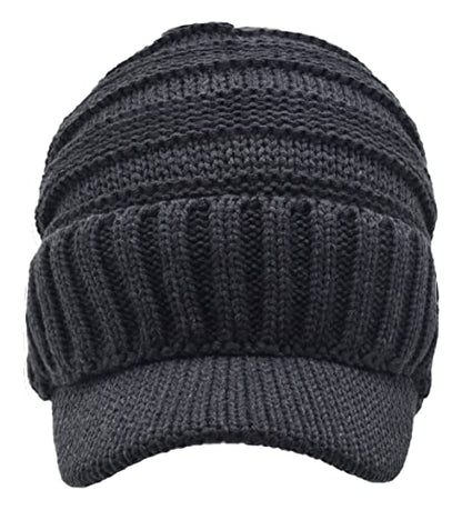 C.C Trendy Warm Oversized Chunky Soft Oversized Ribbed Slouchy Knit Hat with Visor Brim - color: Charcoal Grey