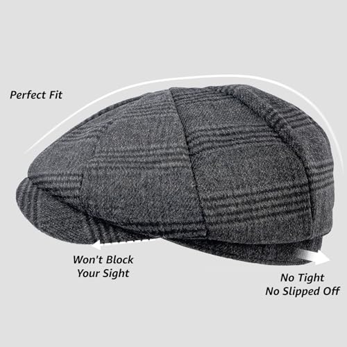 Mens Newsboy Cap High Woolen Tweed Gatsby Hat Ivy Cabbie Flat Golf Cap for Fathers Women Unisex - color: Plaid-dark Grey, size: 7 1/8-7 1/4