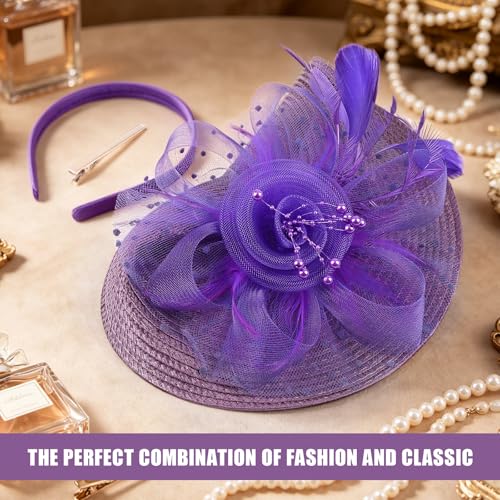 DRESHOW Fascinators Hat Flower Mesh Feathers Hat with a Headband and a Clip 7.9" Tea Party Headwear for Women - color: Folded Style 2: Purple / 7.9"