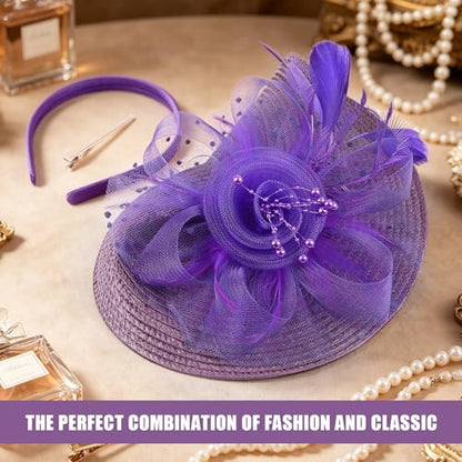 DRESHOW Fascinators Hat Flower Mesh Feathers Hat with a Headband and a Clip 7.9" Tea Party Headwear for Women - color: Folded Style 2: Purple / 7.9"