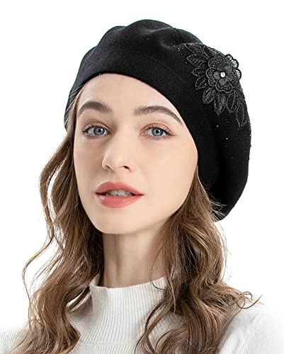ZLYC Women French Beret Hat Reversible Solid Color Mosaic Warm Artist Cap - color: Flower Black