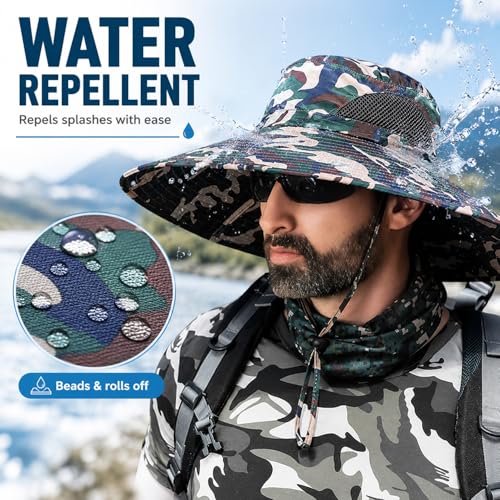 HUAMULAN Men Wide Brim Sun Hat Summer Outdoor Women Bucket Fishing Hats - color: Camouflage Green