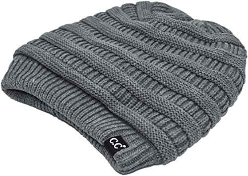C.C Beanie Oversized Hat with Fuzzy Lining – Thick Knit Thermal Beanie for Cold Weather, Soft Warm Fleece Lined Cap - color: Light Melange Grey