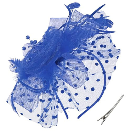 WLBON Fascinators Hat 20s 50s Headband Hair Clips Flower Mesh Veil Feather Headpiece Headwear Women Halloween Carnival Cocktail Wedding Church Cosplay Dress Up Birthday Tea Party Accessories Blue - color: Blue Tone