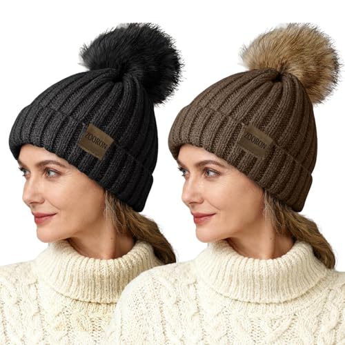 ZOORON Beanies for Womens Winter Knitted Beanies Hats with Faux Fur Pom Warm Knit Skull Cap - color: 2pack-black+khaki