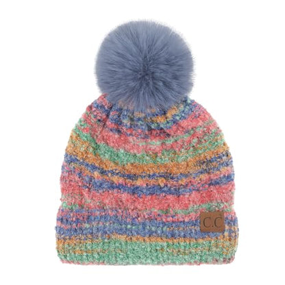 C.C Multi Color Space Dye Wool Stretchable Soft Warm Pom Beanie with Faux Fur Pom Knit Winter Skully Hat. - color: Red Combo