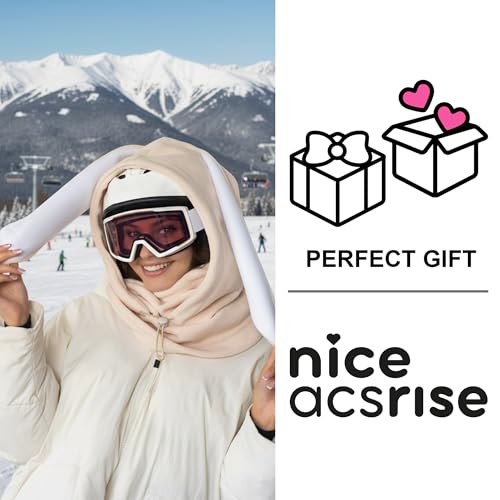 Fleece Balaclava Over Helmet - Warm Helmet Ninja Hood - Snowboard Hooded Hat Neck Gaiter Ski Mask - color: Sand&white|bunny, size: One Size