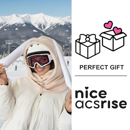 Fleece Balaclava Over Helmet - Warm Helmet Ninja Hood - Snowboard Hooded Hat Neck Gaiter Ski Mask - color: Sand&white|bunny, size: One Size