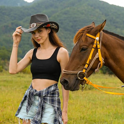 Straw Cowboy Hat for Men and Women Cowgirl Cowboys Cowgirls Woven Crease for Western Gift Gifts - color: Black Tradition Hat