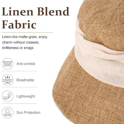 Babalet Women Summer Bucket Sun Hat Lightweight Beach Faux Linen Blend Bucket Hat Adjustable Foldable UV Protection Beach Cap - color: Marled Khaki / White Band