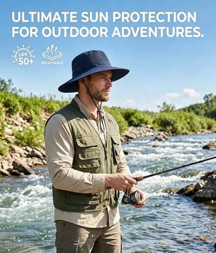 Sun Bucket Hat for Men Women Wide Brim UPF 50+ UV Protection Waterproof - color: Navy Blue