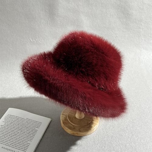 Dikoaina Faux Fur Bucket Hat for Women Girl – Oversized Brim, Super Soft & Fluffy Winter Hat - color: Black