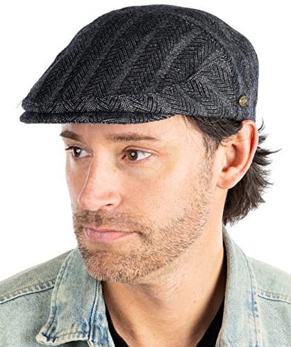 Funky Junque Men's Classic Wool Blend Newsboy Tweed Flat Cap - Stylish Vintage Hat - color: Herringbone Black W/ Grey Stripes (Slim), size: 7 1/4-7 5/8