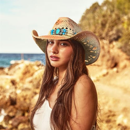 FLUFFY SENSE. Cowgirl Hats for Women Straw Cowboy Hat Western Beach Sun Hat with Shapeable Brim for Coastal Cowgirl - color: Sandstone Tan
