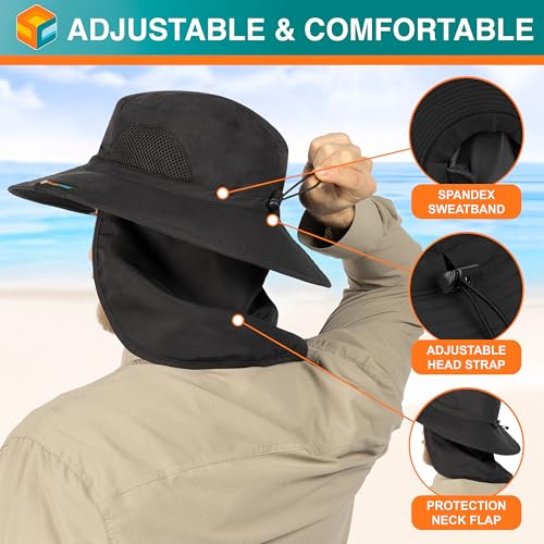 SUN CUBE Wide Brim Sun Hat for Men & Women, UPF 50+ UV Protection, Mesh Boonie Hat with Chin Strap, Fishing Hiking Hat - color: Black With Flap