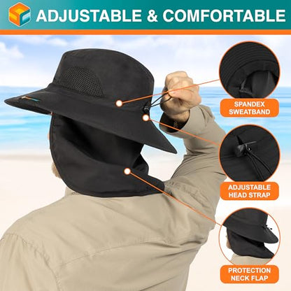 SUN CUBE Wide Brim Sun Hat for Men & Women, UPF 50+ UV Protection, Mesh Boonie Hat with Chin Strap, Fishing Hiking Hat - color: Black With Flap