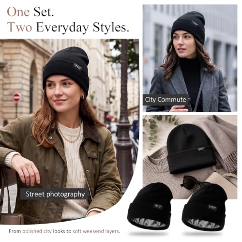 2 Pack Satin Lined Beanies for Men and Women Warm Cuffed Winter Hats - color: Black+black