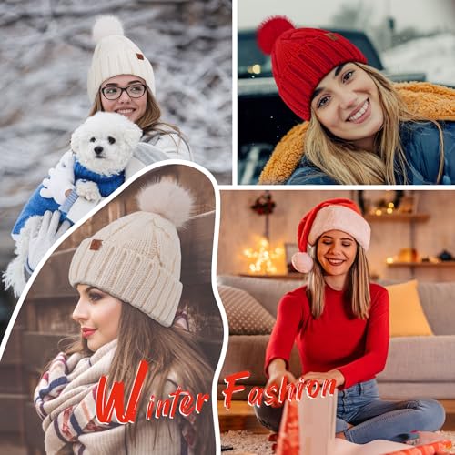 FZ FANTASTIC ZONE Womens Pom Pom Winter Warm Beanie Hat Cap Fleece Lined - color: Red