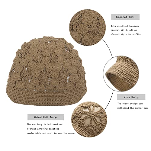 ZLYC Women Summer Slouchy Crochet Hat Handmade Cutout Skull Cap with Visor - color: Plain Khaki, size: One Size