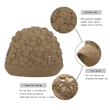 ZLYC Women Summer Slouchy Crochet Hat Handmade Cutout Skull Cap with Visor - color: Plain Khaki, size: One Size