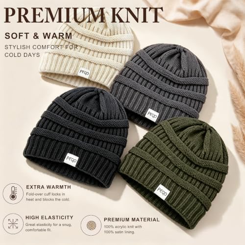 FEQO 4 Pack Satin Lined Beanies Slouchy Beanie Oversized Cable Knit Caps - color: Black, Army, Dark Gray, Beige