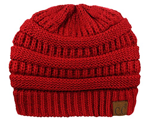 C.C Unisex Chunky Soft Stretch Cable Knit Warm Fuzzy Lined Skully Beanie - color: Red