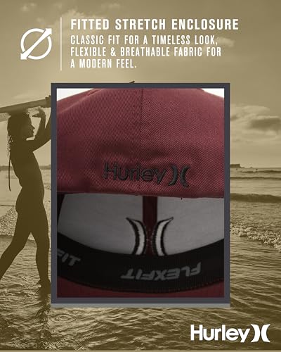 Hurley Mens Textured Fitted Baseball Cap, Moisture Wicking, Curved Brim - color: Mahogany, size: Small-Medium