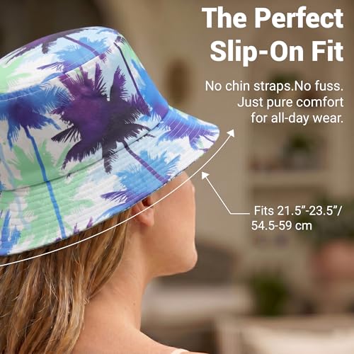 ZLYC Printed Bucket Hat for Women Men Packable Summer Sun Hat for Beach - color: Palm Tree Print