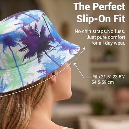 ZLYC Printed Bucket Hat for Women Men Packable Summer Sun Hat for Beach - color: Palm Tree Print
