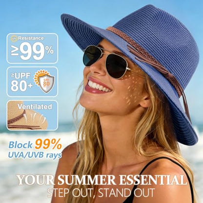 DRESHOW Women Straw Panama Hat Travel Fedora Beach Sun Hat Summer Wide Brim Straw Roll up Hat UPF 50+ - color: Straw Hat With Braided Band: Navy