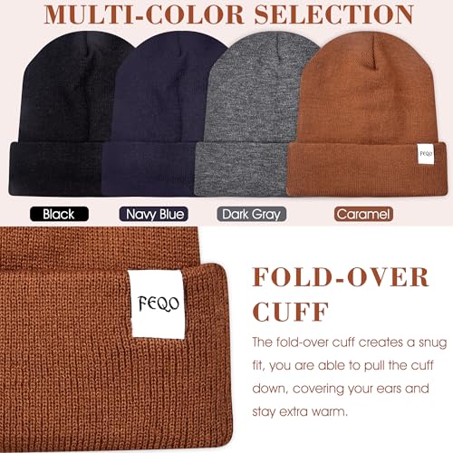 FEQO 4 Pack Satin Lined Winter Beanie Hats Soft Silk Lined Beanies - color: Navy Blue, Black, Dark Gray, Caramel