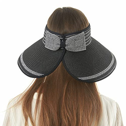 Women Sun Visors Foldable Straw Hats Summer Beach Packable Hat Floppy Wide Brim Cap Deep Style, Adjustable Size - color: Black 2