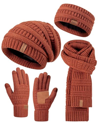 Womens Winter Beanie Hat Scarf Gloves Headband Set, Slouchy Beanie Ear Warmer Knit Scarf Touchscreen Gloves Warm 4 Gift Set - color: Dark Orange
