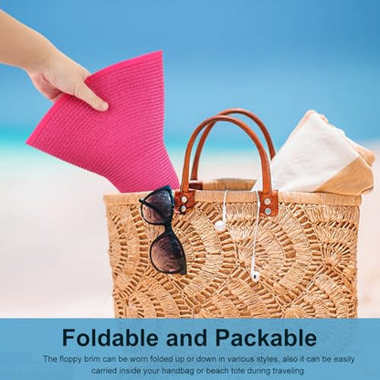 DRESHOW Big Straw Sun Hats for Women Floppy Foldable Roll up Beach Cap Sun Hat UPF 50+ Vacation Honeymoon Embroidered Hat - color: Medium Size: Rose Red / Brim 5.5" (Head Circumference 22-22.8")