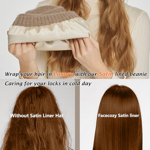 Facecozy Satin Lined Beanie for Women Soft Satin Lining Slouchy Winter Hats - color: Camel