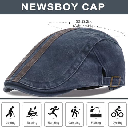 Initlove Mens Newsboy Cap Washed Beret Ivy Hat Flat Hats for Cabbie Driving - color: B Navy