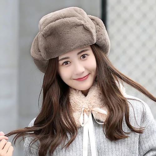 Womens Faux Fur Fuzzy Trapper Hat Winter Ear Flap Trooper Aviator Hat - color: Brown