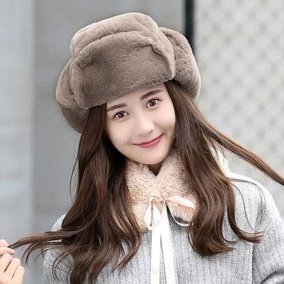 Womens Faux Fur Fuzzy Trapper Hat Winter Ear Flap Trooper Aviator Hat - color: Brown