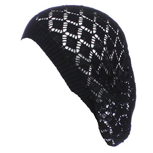 an Womens Lightweight Cut Out Knit Beanie Beret Cap Crochet Hat - Many Styles - color: Black Diamond