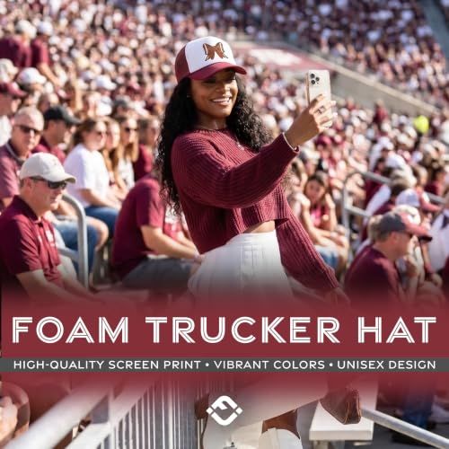 Funky Junque Premium Mesh Snapback Trucker Hat - Stylish Comfort for All - Patriotic, Humor & More - color: Football Bow - White/Maroon