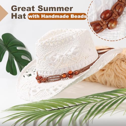 AQOKKA Straw Cowboy Hats for Women Men Western Cowgirl Hats with Shapeable Brim Woven Hollow Out Unisex Beach Roll Up Caps - color: Brown Beads Cowboy Hat : White