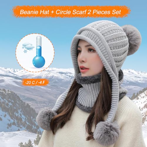 HUAMULAN Women Winter Knit Beanie Hat Circle Scarf Set Pompoms Ear Flaps - color: Gray Solid