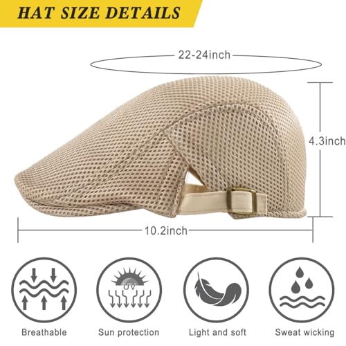 Xinveen Men's Mesh Cap Breathable Summer Newsboy Hat Adjustable Beret Ivy Cap Irish Cabbie Driving Hunting Hats - color: Beige